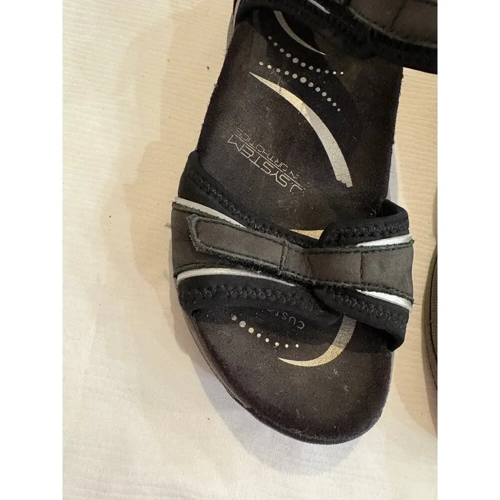 Abeo Goleta Sandals Black Silver Trim Leather Comfort Thong Womens 6 Narrow